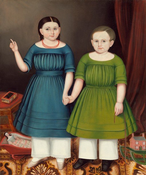 Folk Art Portrait of Two Children with Toys