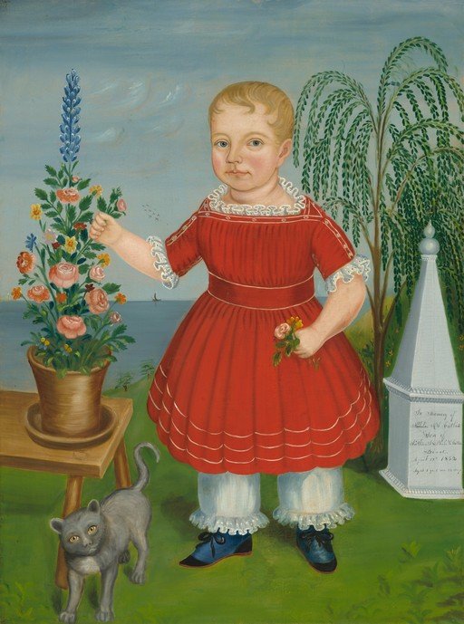 Child in Red Dress with Cat and Tombstone
