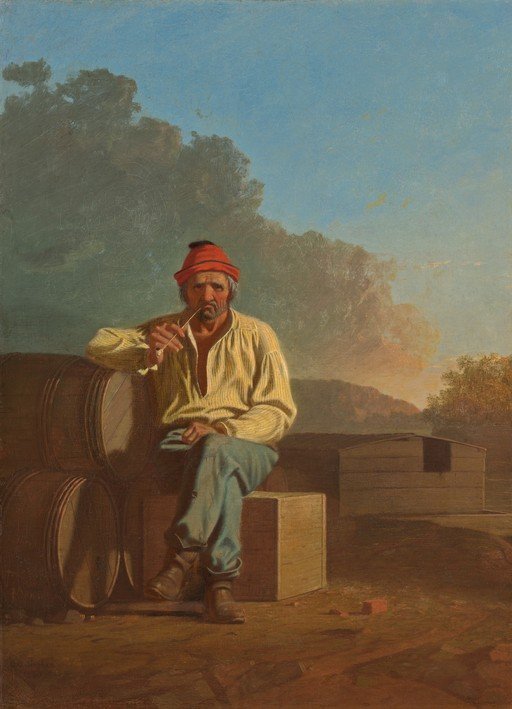 Man Smoking Pipe by Barrels
