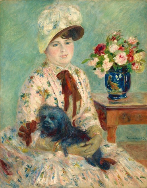 Young Woman with a Dog and Flowers