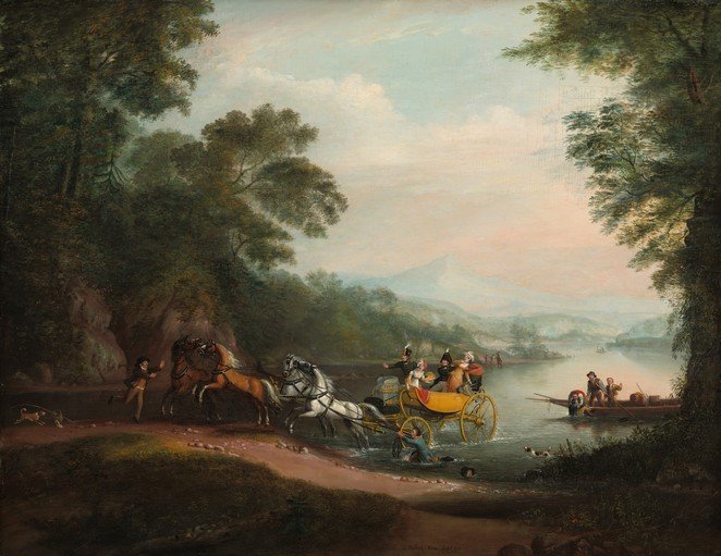 18th Century Landscape with Horse-Drawn Carriage and River Scene