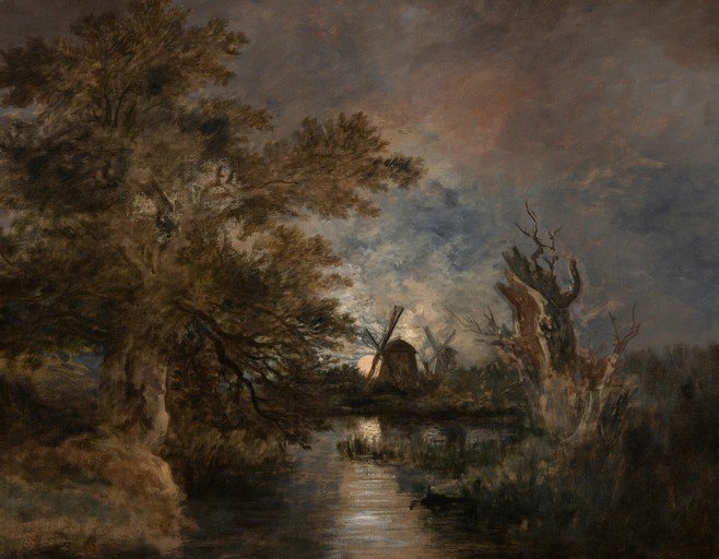 Moonlit Dutch Landscape with Windmills