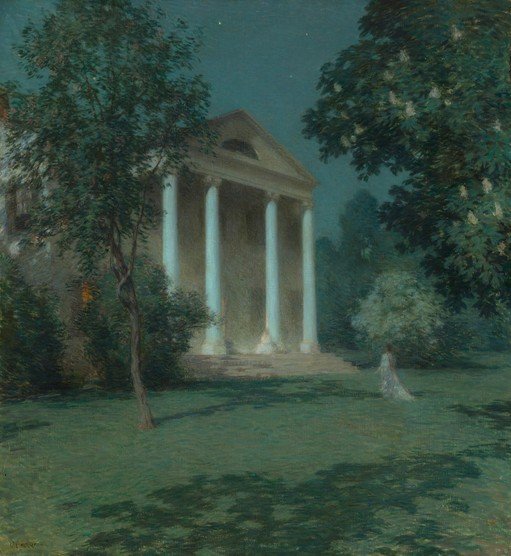Ethereal Night Scene with Classical Architecture and a Solitary Figure