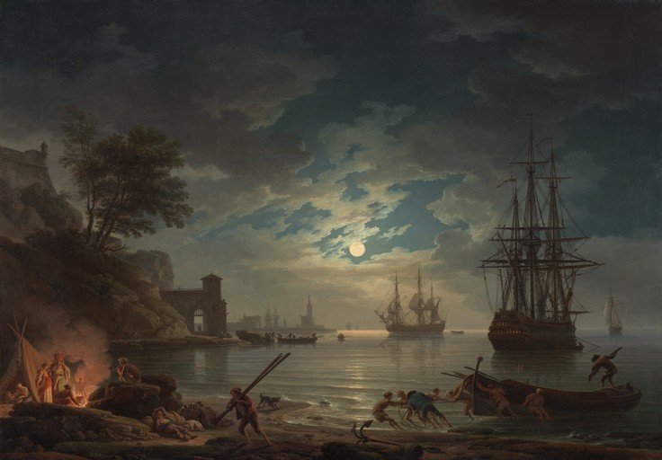 Moonlit Harbor Scene with Ships and Figures