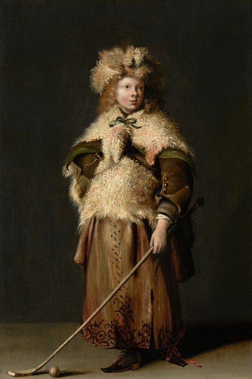 Boy in Fur Hat and Cape with Stick and Ball