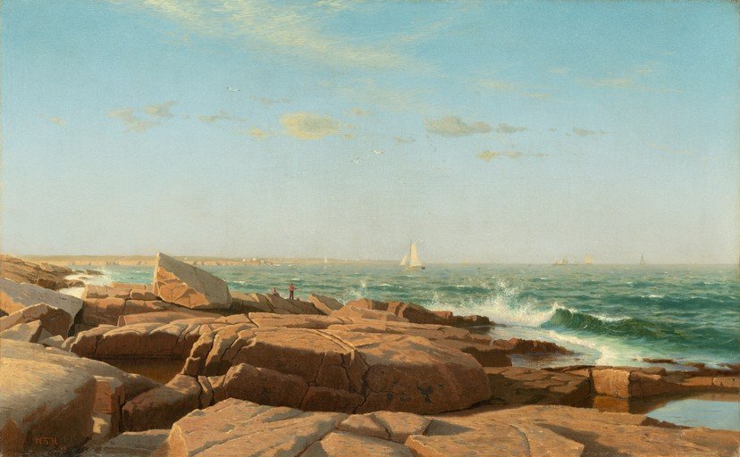 Rocky Coastline with Sailboats and Figures