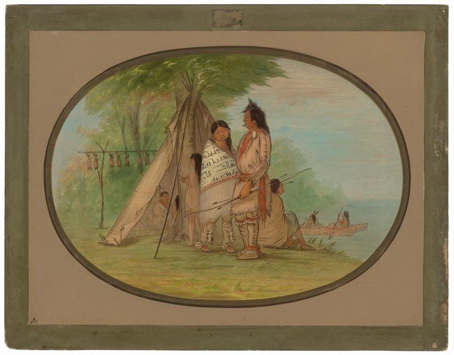 Native American Camp Scene with Figures and Teepee