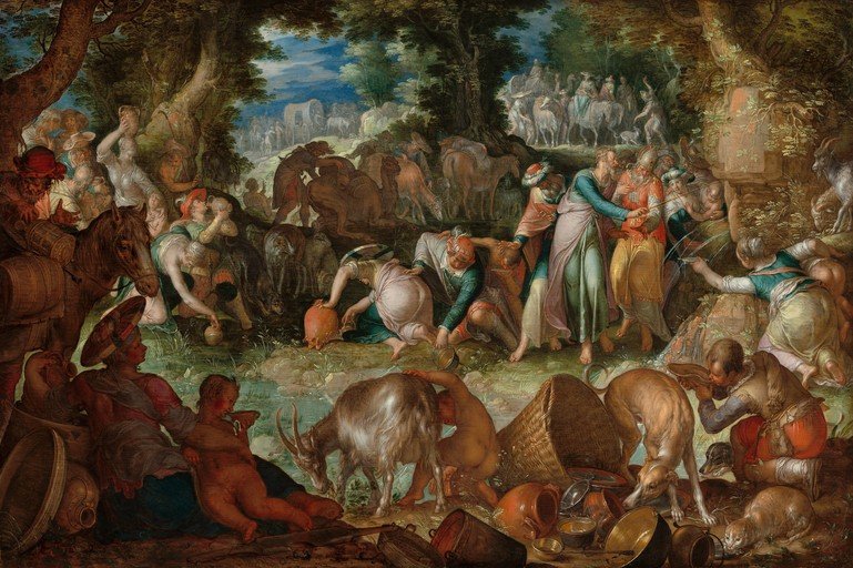 Biblical Scene of Moses Striking Water from the Rock