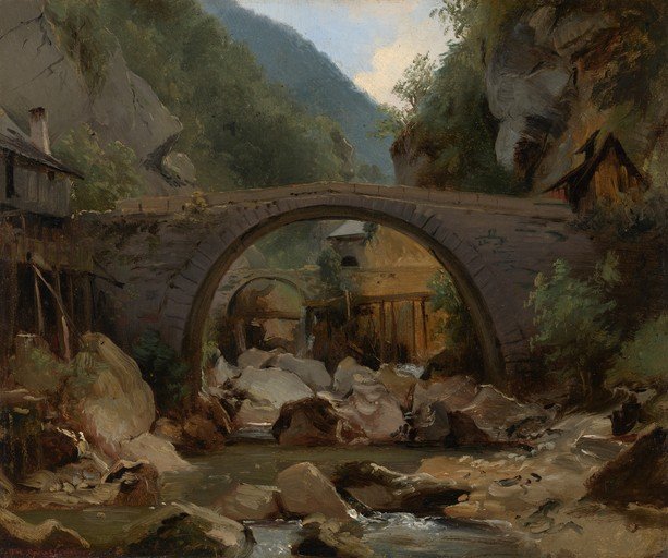 Stone Arch Bridge Over Rocky River in Mountainous Landscape