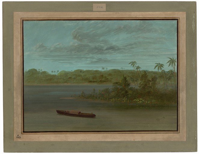 Tropical River Scene with Boat and Lush Vegetation