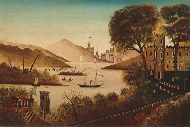 Folk Art Painting of a Castle and Harbor Scene