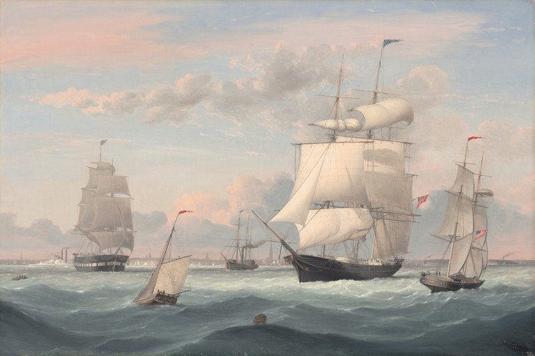 Nautical Scene with Sailing Ships and Steamship