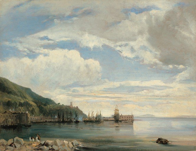 Coastal Harbor Scene with Ships and Rolling Hills