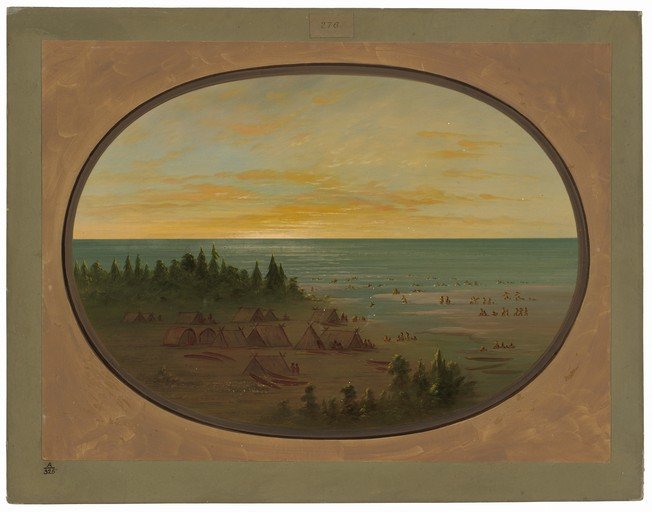 Native American encampment by the sea at sunset