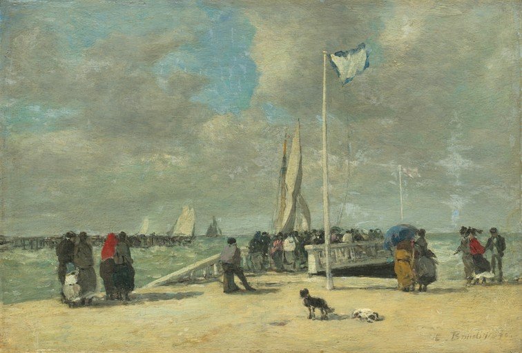 Seaside Scene with Figures and Sailboats