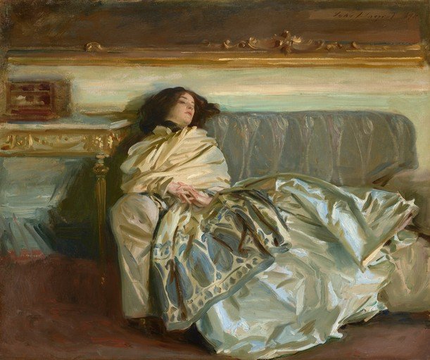 Woman in a Shawl Resting on a Sofa