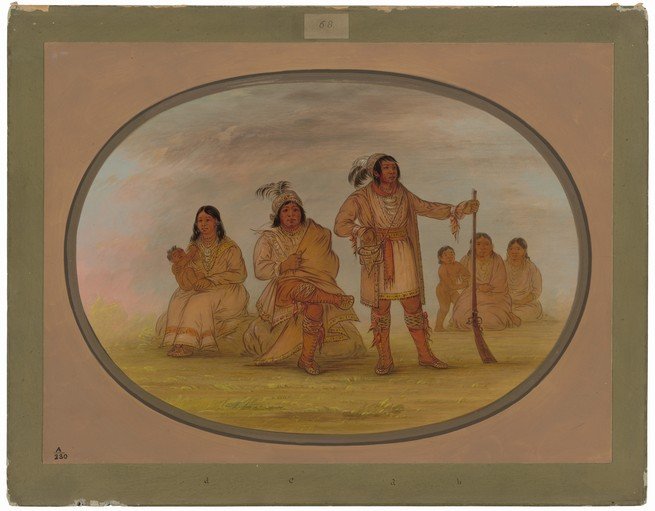 Native American Family and Hunter with Rifle