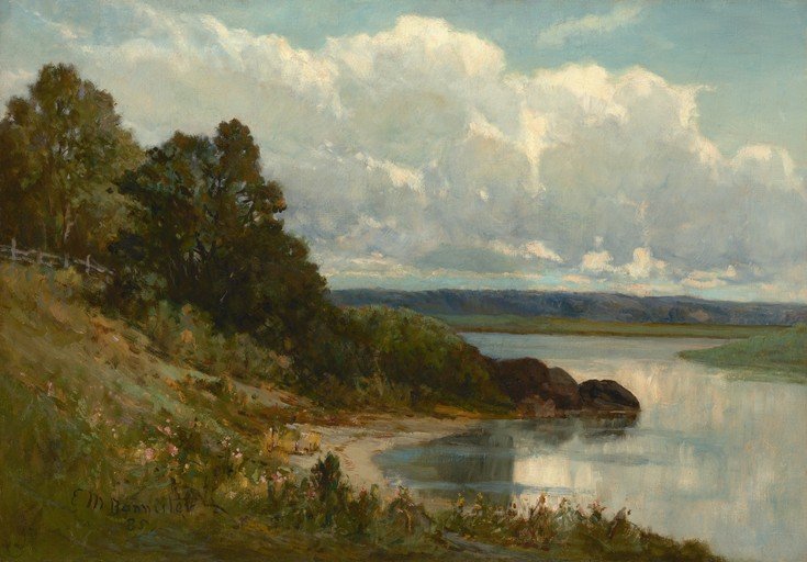 Serene River Landscape with Rolling Hills and Cloudy Sky
