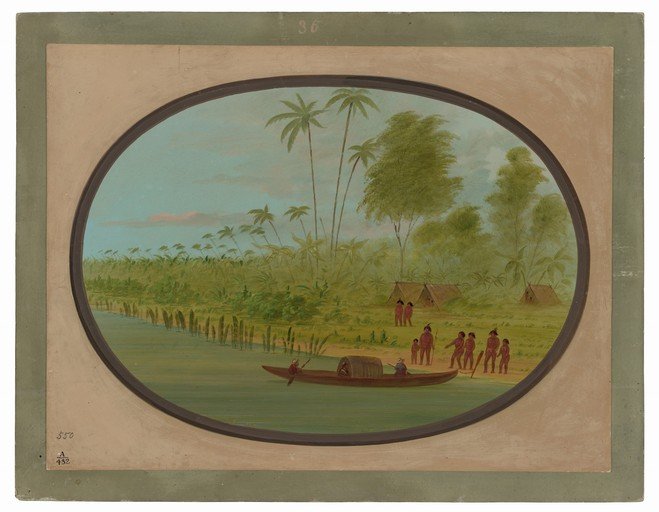Indigenous Village Scene with River and Boat