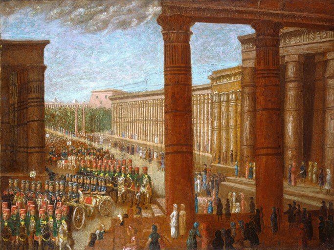 Ancient Egyptian Procession Through Temple Columns