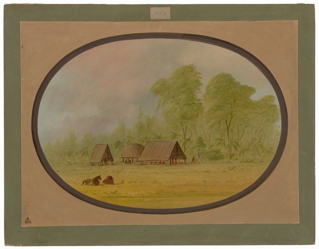 Tropical Village Scene with Thatched Huts and Horses