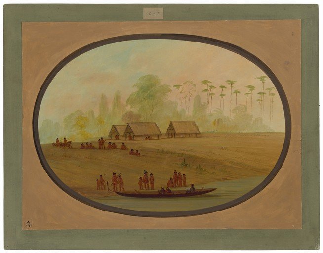 Indigenous Village Scene with River and Forest