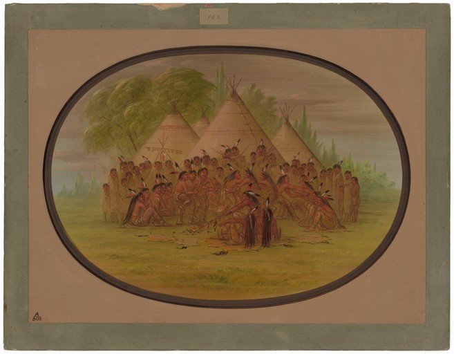 Native American Village Scene with Tipis and Gathering