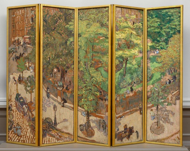Five-Panel Screen Depicting Parisian Park and Street Scene
