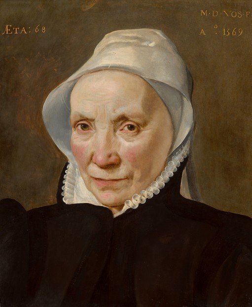 Portrait of an Elderly Woman in a White Cap and Black Dress