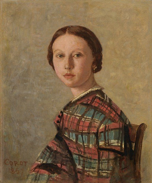 Portrait of a Young Woman in a Plaid Dress