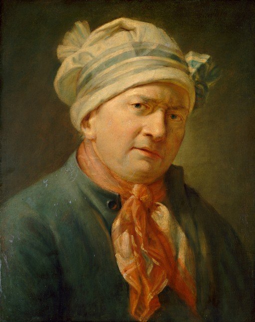 Portrait of a Man in a Striped Cap and Orange Scarf