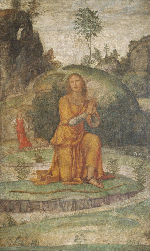 Renaissance Fresco of a Woman in Prayer in a Landscape