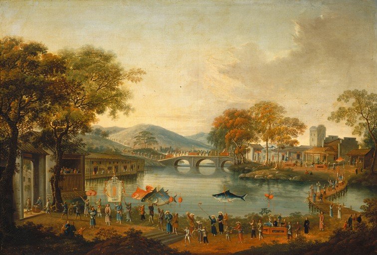Chinese Festival Scene with River and Bridge