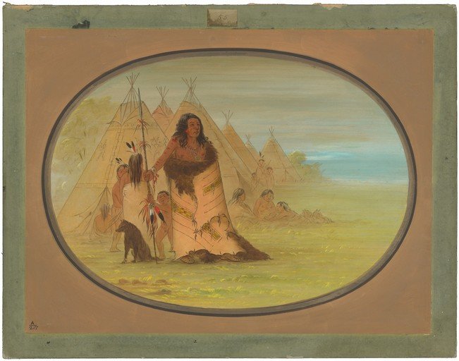 Native American Village Scene with Figures and Tipis