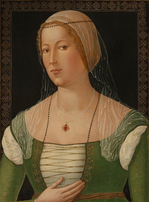 Portrait of a Woman in Green Dress with Veil and Necklace