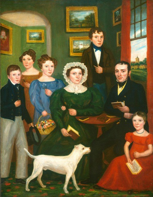 19th Century Family Portrait with Dog and Landscape Views