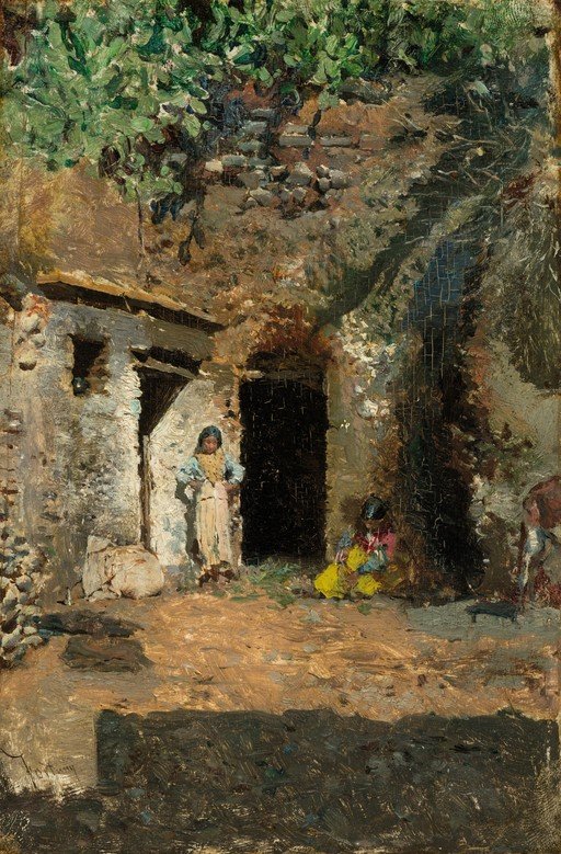 Children in a Rustic Courtyard