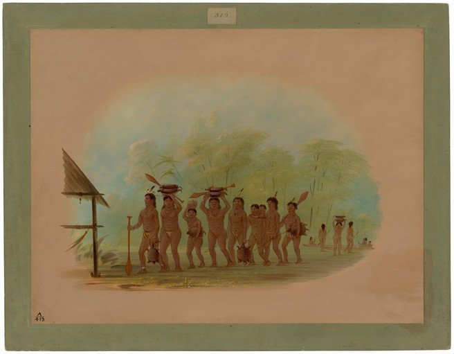 Indigenous people carrying offerings in a tropical landscape