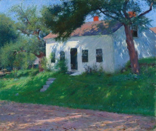 Impressionist Painting of a White House with Trees and Sunlight
