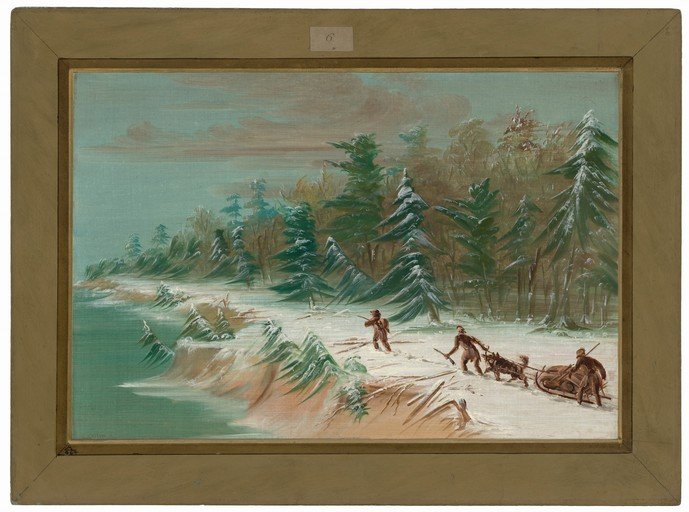 Winter Scene with Sled Dog Team and Hunters
