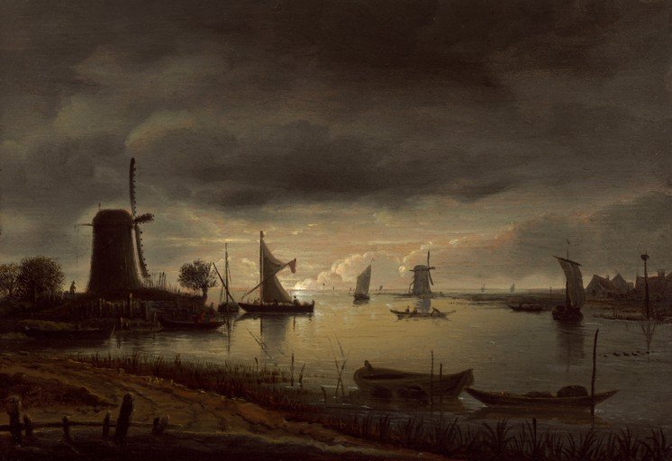 Dutch Landscape with Windmills and Sailboats at Dusk