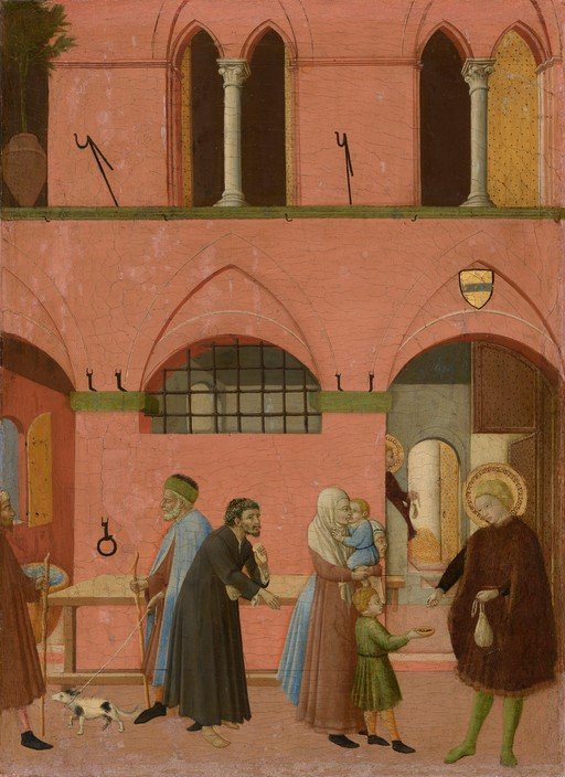 Medieval Scene of Charity and Daily Life