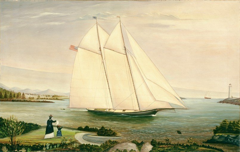 Schooner Sailing Past a Lighthouse with Figures on Shore