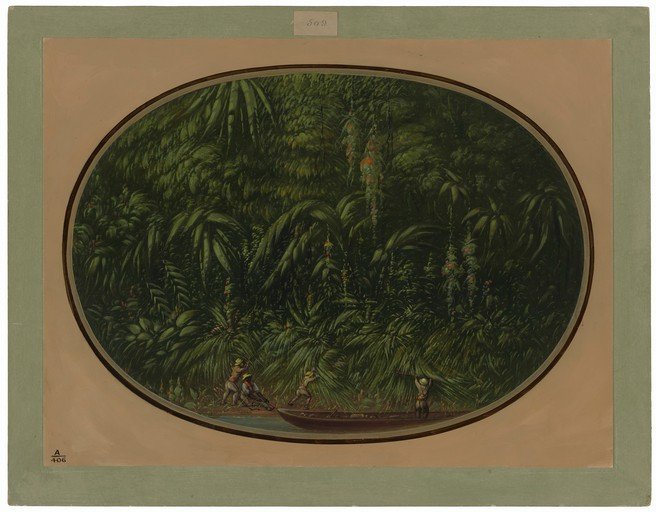 Tropical Jungle Scene with Figures in a Boat