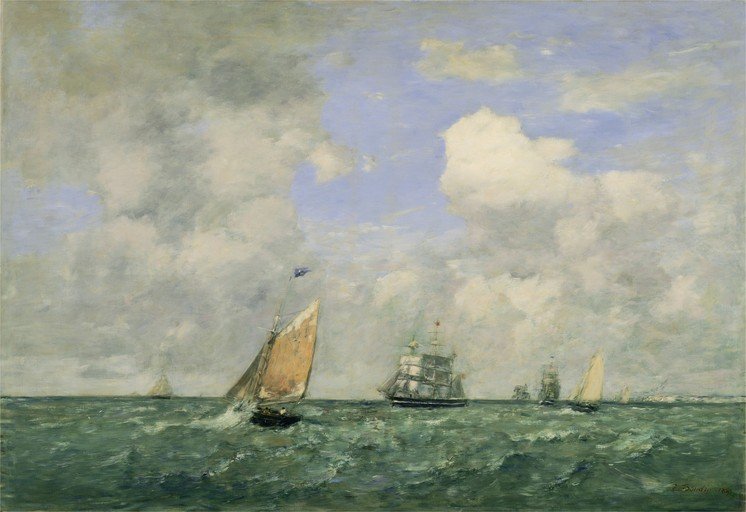 Sailing Ships on a Choppy Sea Under a Cloudy Sky