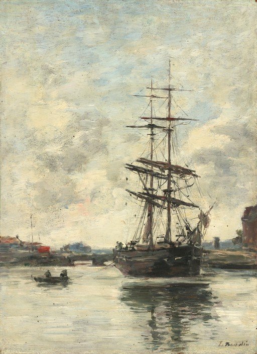 Impressionist Painting of a Tall Ship in a Harbor