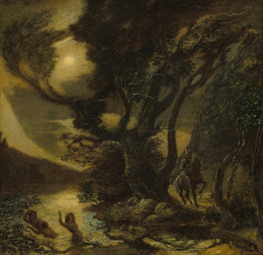 Moonlit River Scene with Figures and Horseman