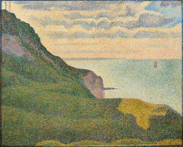 Seascape with Pointillist Cliff and Distant Sailboat