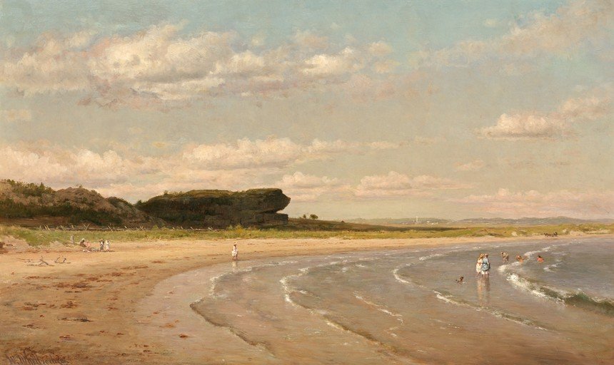 Coastal Beach Scene with Figures and Gentle Waves