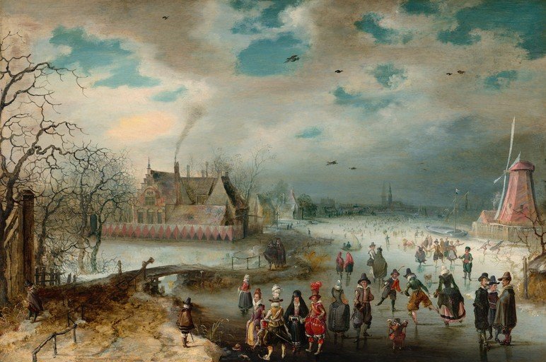 Winter Scene with Ice Skaters and Buildings